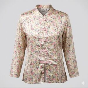 Vintage Kathryn Floral Satin Mandarin Collar Frog Button Pajama Top Pink Large